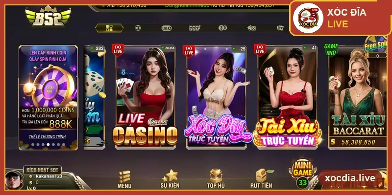 Sảnh game B52Club với mục Xóc Đĩa — ảnh chụp thực tế
