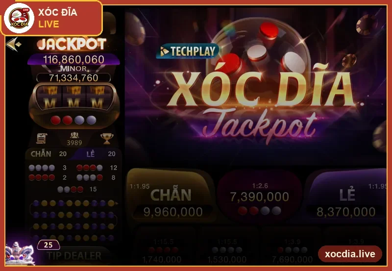 Màn hình Xóc Đĩa Jackpot (TechPlay) trên Gemwin — ảnh chụp thực tế