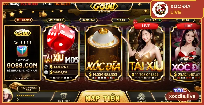 Sảnh game Go88 với mục Xóc Đĩa — ảnh chụp thực tế