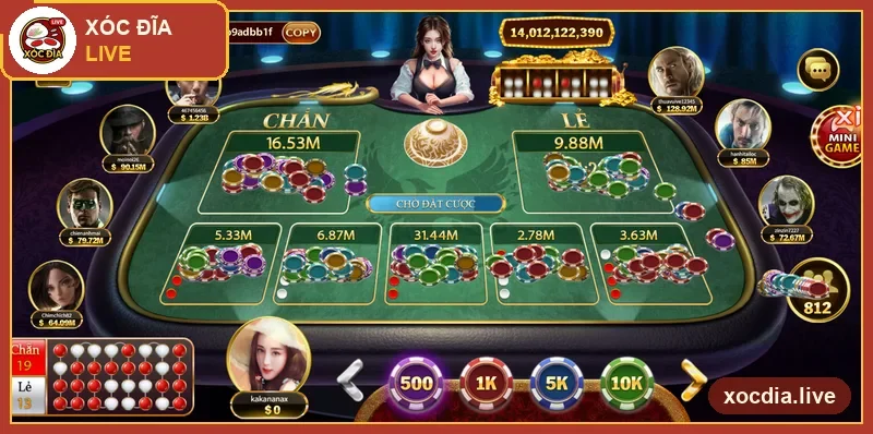 Xóc đĩa game đồ họa trên Go88: bàn nỉ xanh, bát và chip cược — ảnh chụp thực tế