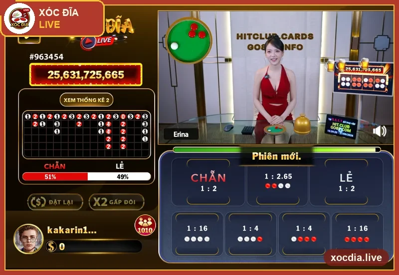 Bàn xóc đĩa live có dealer trên Hitclub — ảnh chụp thực tế