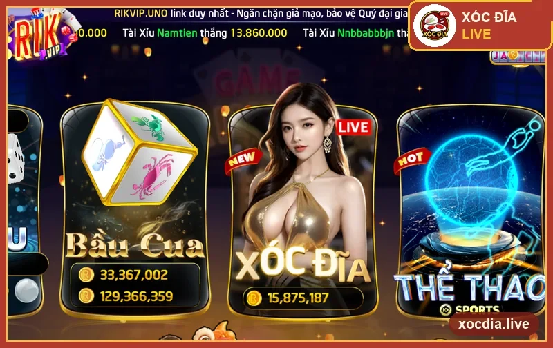 Sảnh game Rikvip với mục Xóc Đĩa — ảnh chụp thực tế