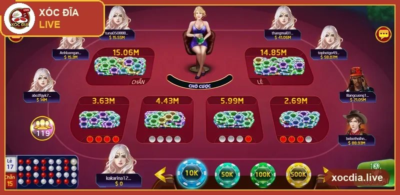 Xóc đĩa game đồ họa trên Rikvip, bàn đỏ và chip cược 10K–500K