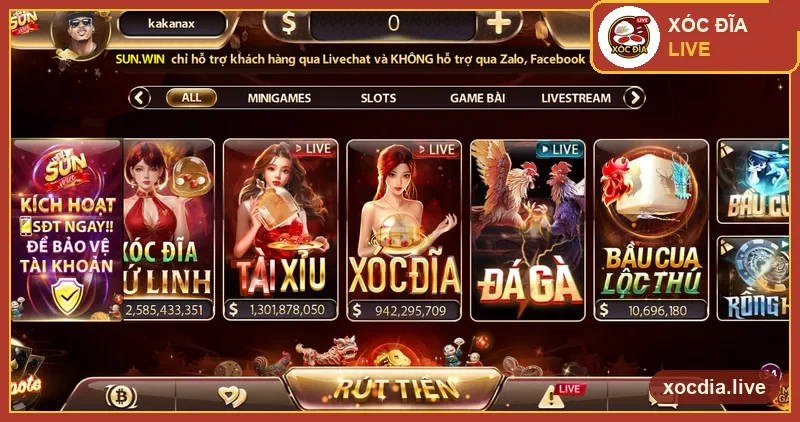 Sảnh game Sunwin với mục Xóc Đĩa — ảnh chụp thực tế